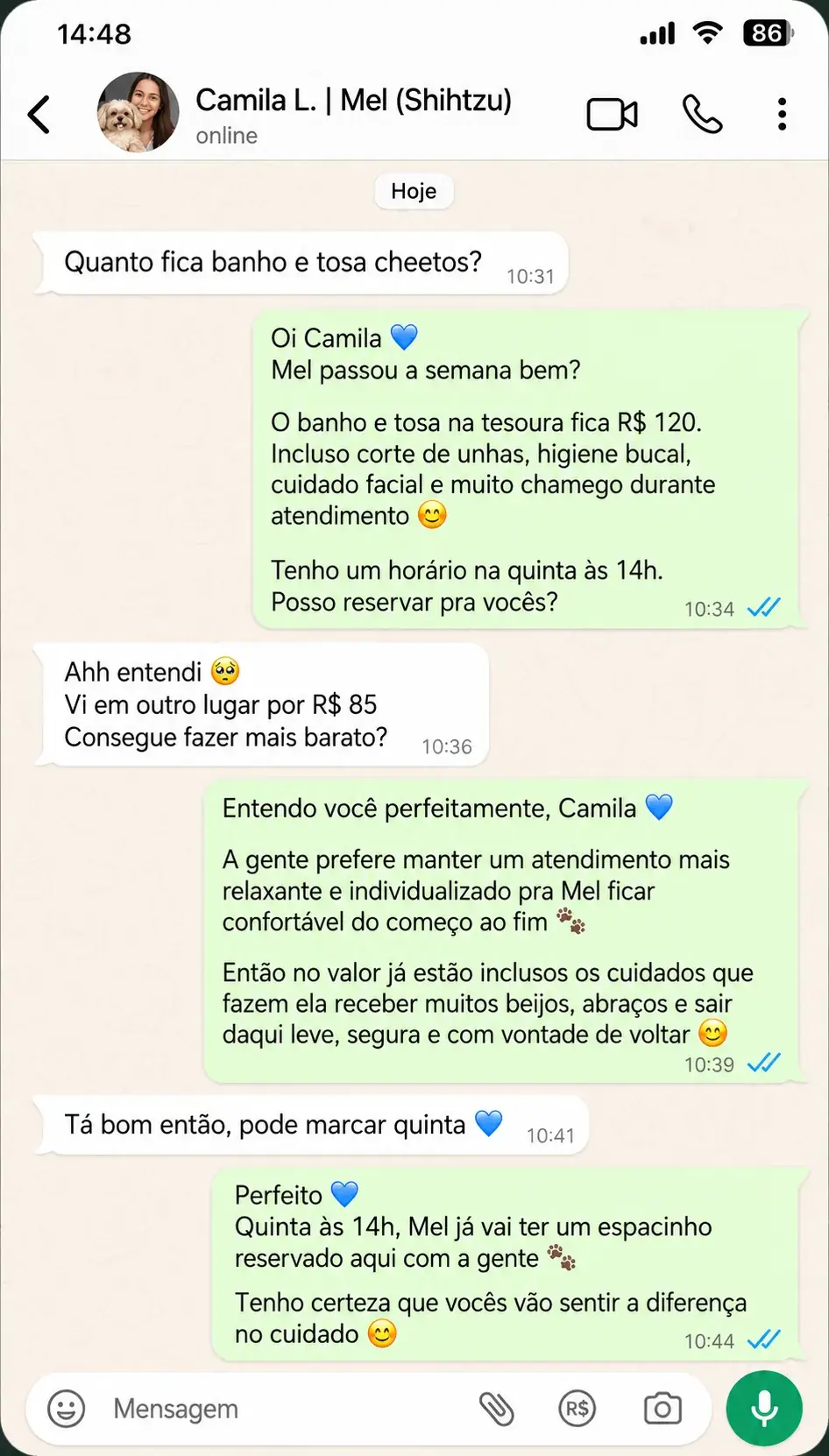 Pedido de desconto respondido sem ceder. Tutora confirmou no preço cheio.